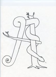 The first initial cap for my acrostic novella. The wood symbolizes the Tarot wands and the concept of generation. A sprouting stick signifies new beginnings and earthly ventures. The snake represents the mystic male generative principle.