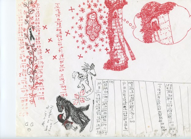 Absent-minded sketching during the world's slowest Scrabble games. Jack and Beanstalk, Little Red Riding Hood, Rapunzel, a random chick on a dragon, and proof that I usually win at Scrabble. 