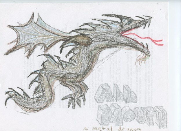 This dragon is pretty metal, all right. You can see through the page; when I started this project, I was using recycled paper. 