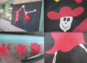 Clockwise from top left: wind ruffles the first pieces; staples create detail in the sombrero; staples create detail on hem; a few flowers.