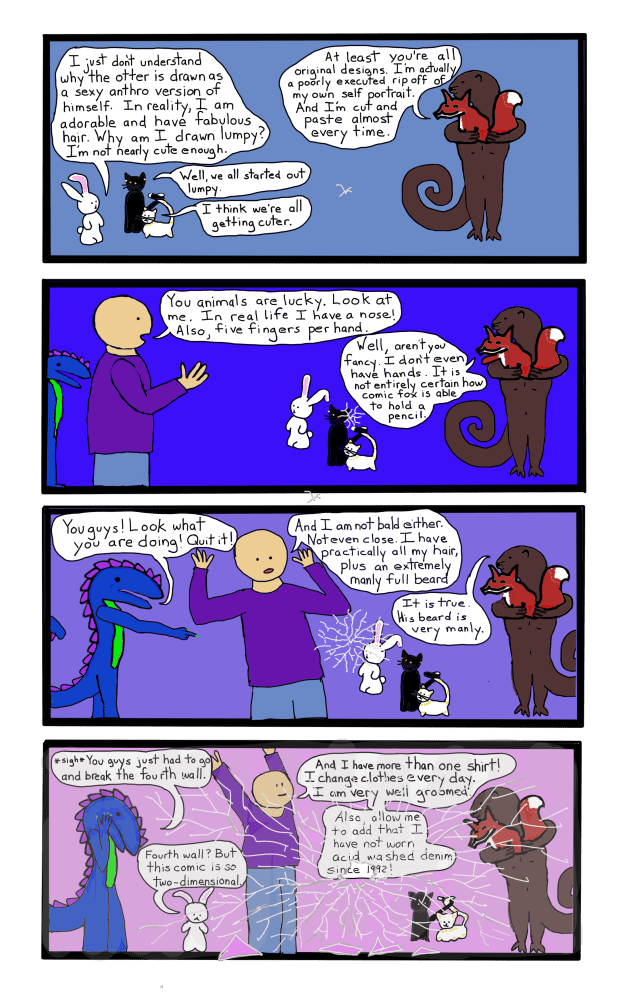 In my defense, the rabbit is definitely getting cuter. And cut and paste is easier than trying to make the characters looks like the same characters every time. 