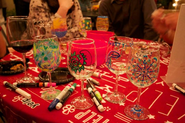Mandala wineglass is on the right, seen with Dragon and a bunch of other decorated wineglasses.